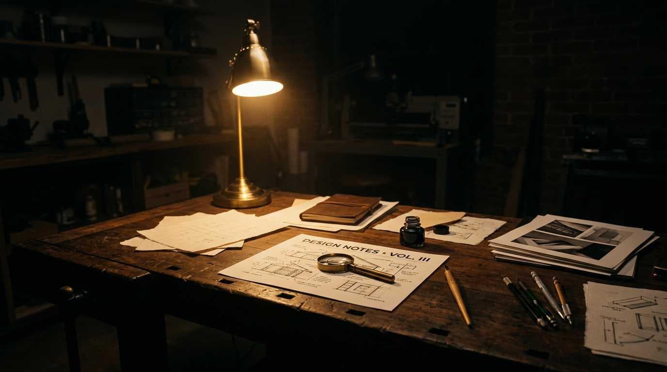 The studio at work, low warm light